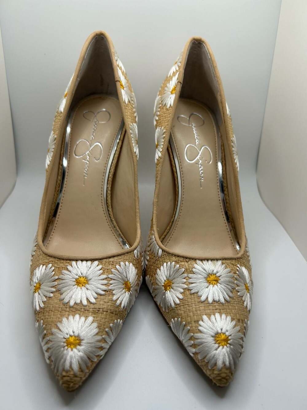 Jessica Simpson Cassanis Daisy Embroidered Straw Pointed-Toe Pumps
